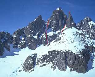 E Face of Bishop. Picture shows routes on Bishop and Bishop's finger. Bishop's finger route follows a rightward spiral