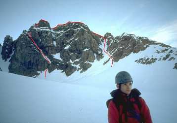 Schoolroom: W face. Ascent (right),descent (left)